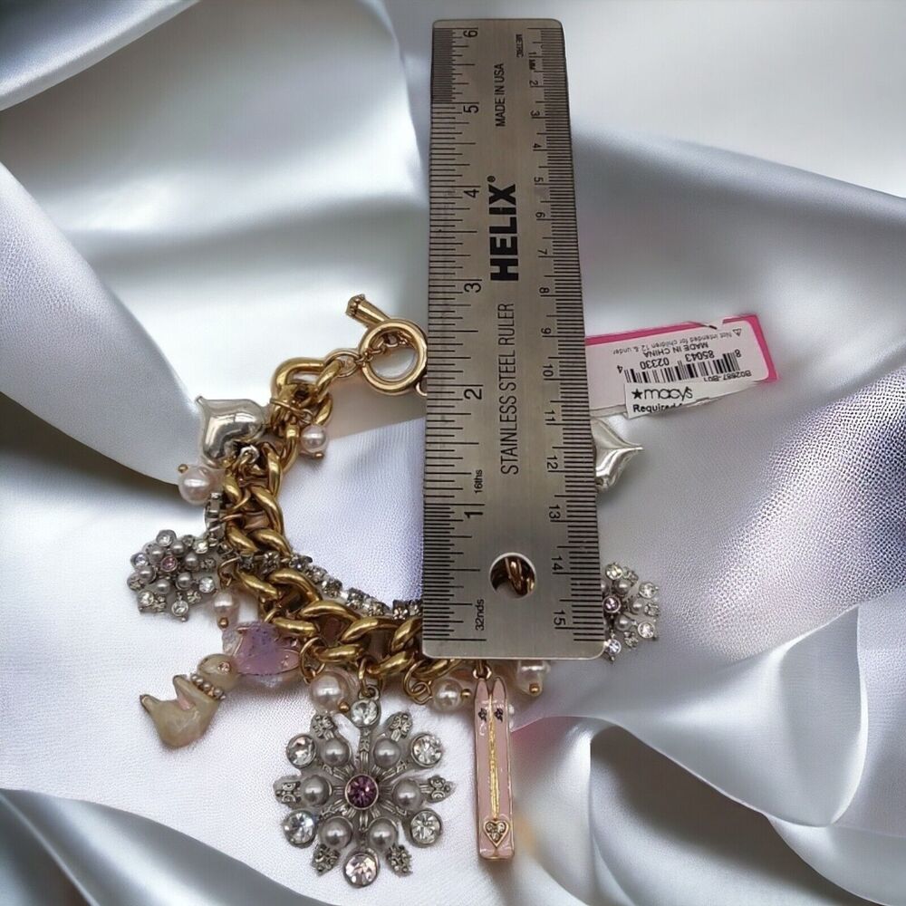 NEW Betsey Johnson Retro Glam Bunny Rabbit Skis Snowflake Gold Tone Bracelet - Picture 12 of 14